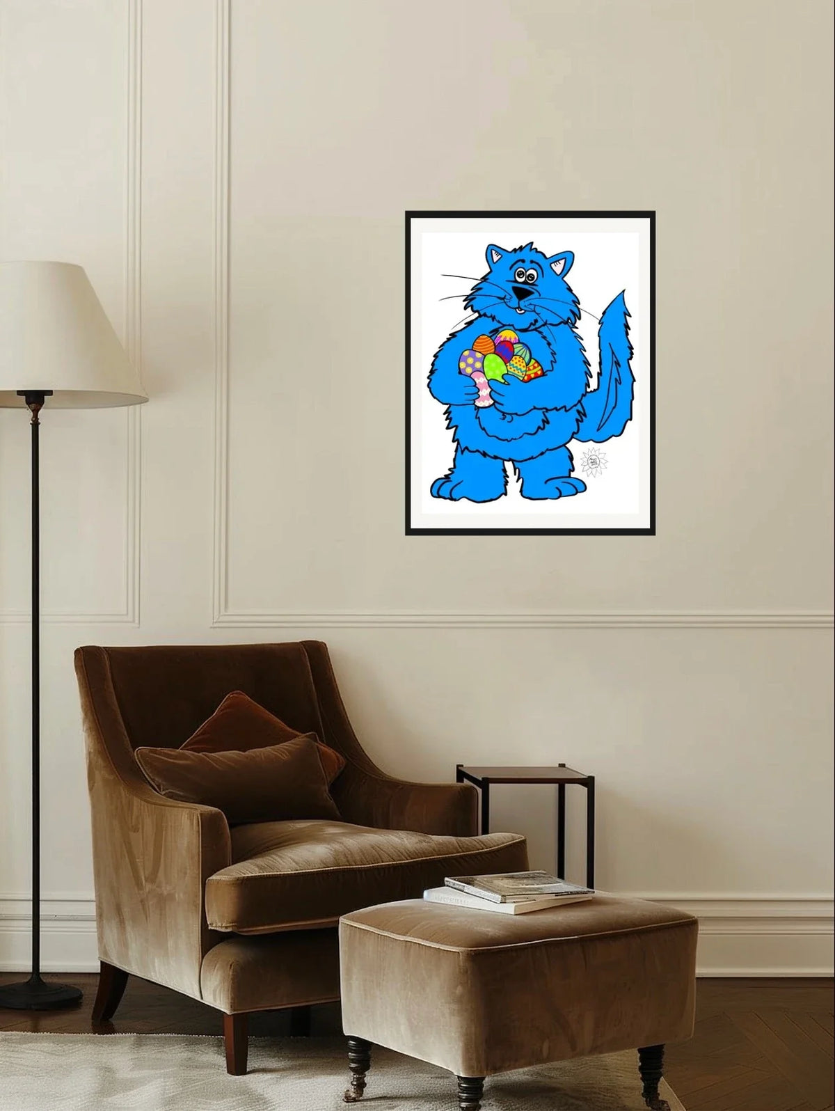 Fat Cat Easter - large 24 x 36 matted and framed art print shown hanging on a wall