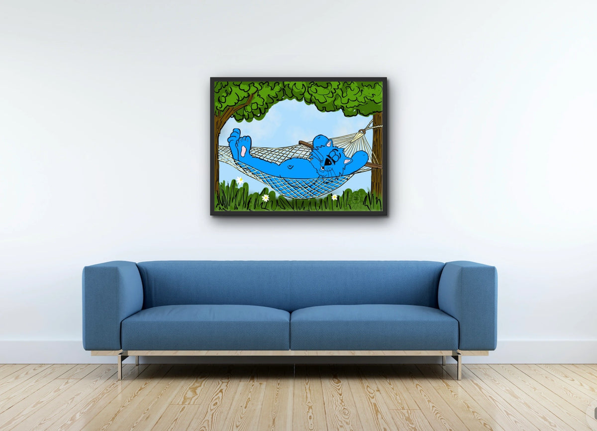 Fat Cat - Hammock - large 24 x 36 framed art print shown hanging on a wall
