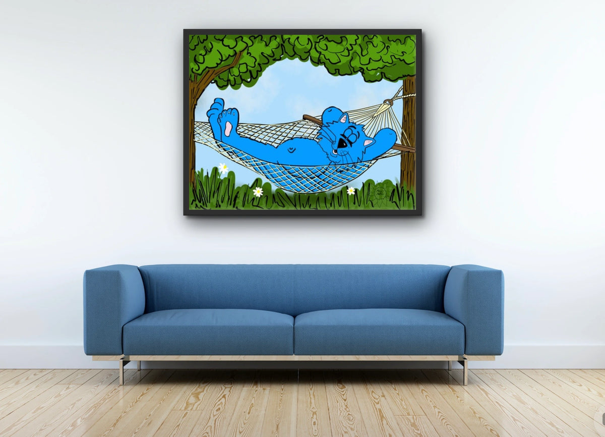 Fat Cat - Hammock - extra large 36 x 48 framed art print shown hanging on a wall