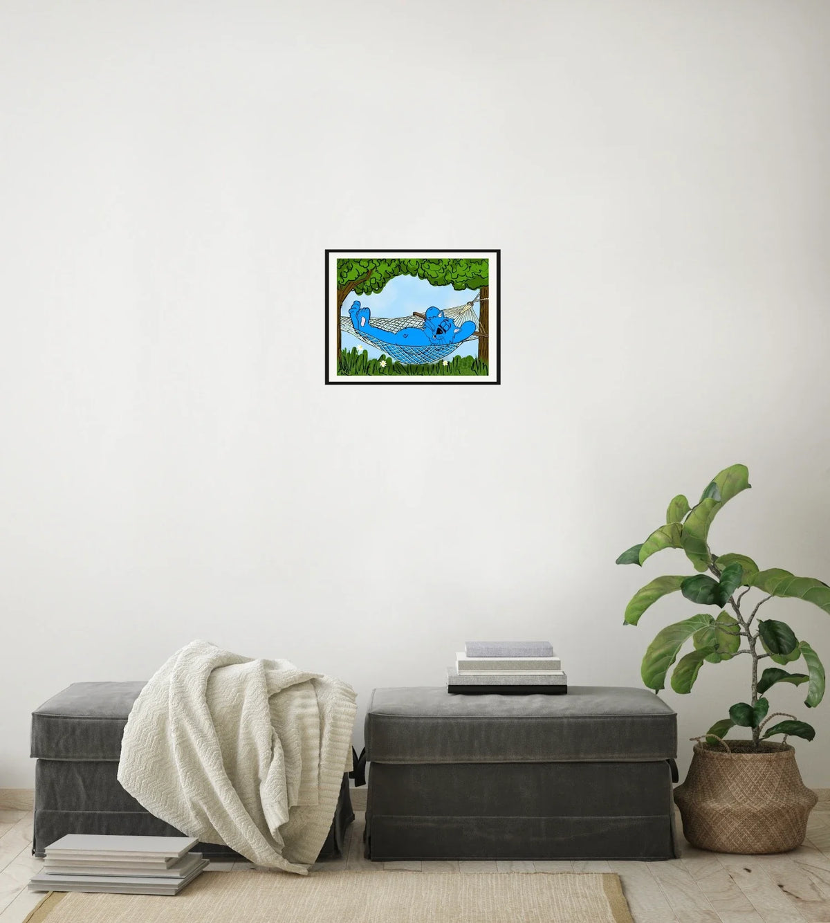 Fat Cat Hammock - medium 12 x 16 matted and framed art print shown hanging on a wall