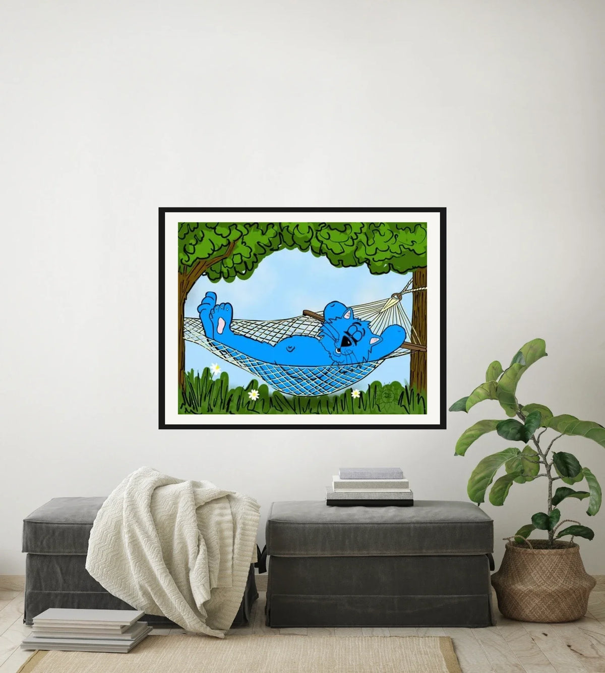 Fat Cat Hammock - large 24 x 36 matted and framed art print shown hanging on a wall