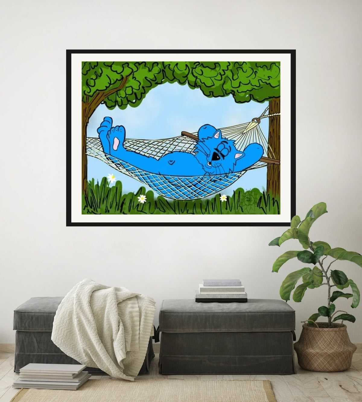 Fat Cat Hammock - extra large 36 x 48 matted and framed art print shown hanging on a wall