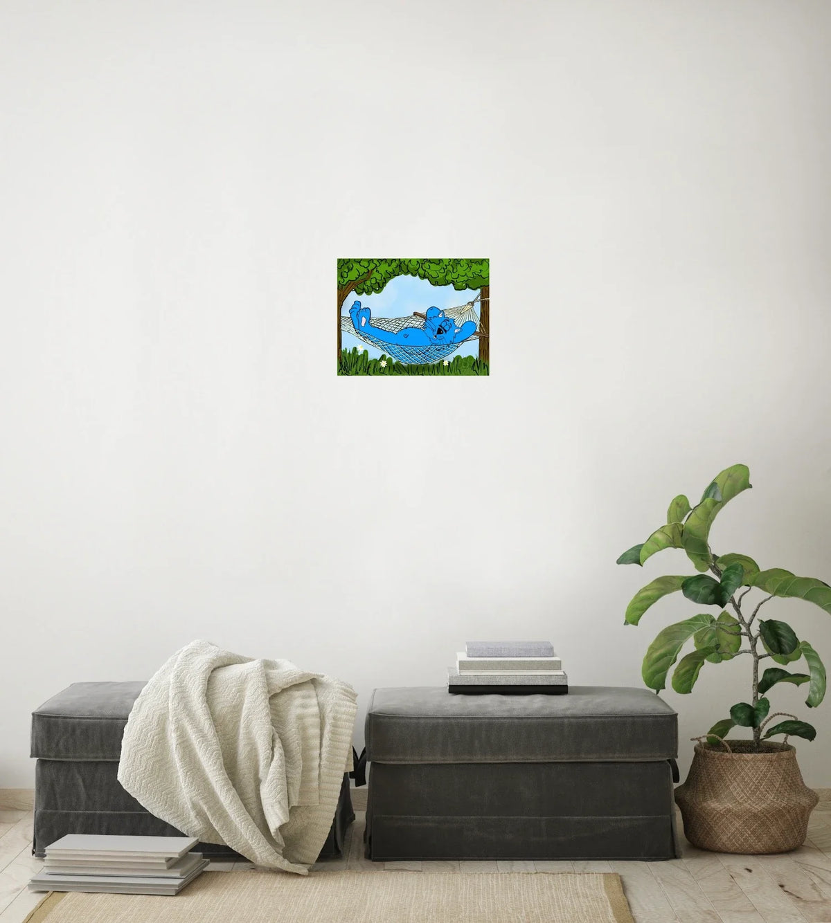 Fat Cat Hammock - medium 12 x 16 unframed art print shown hanging on a wall