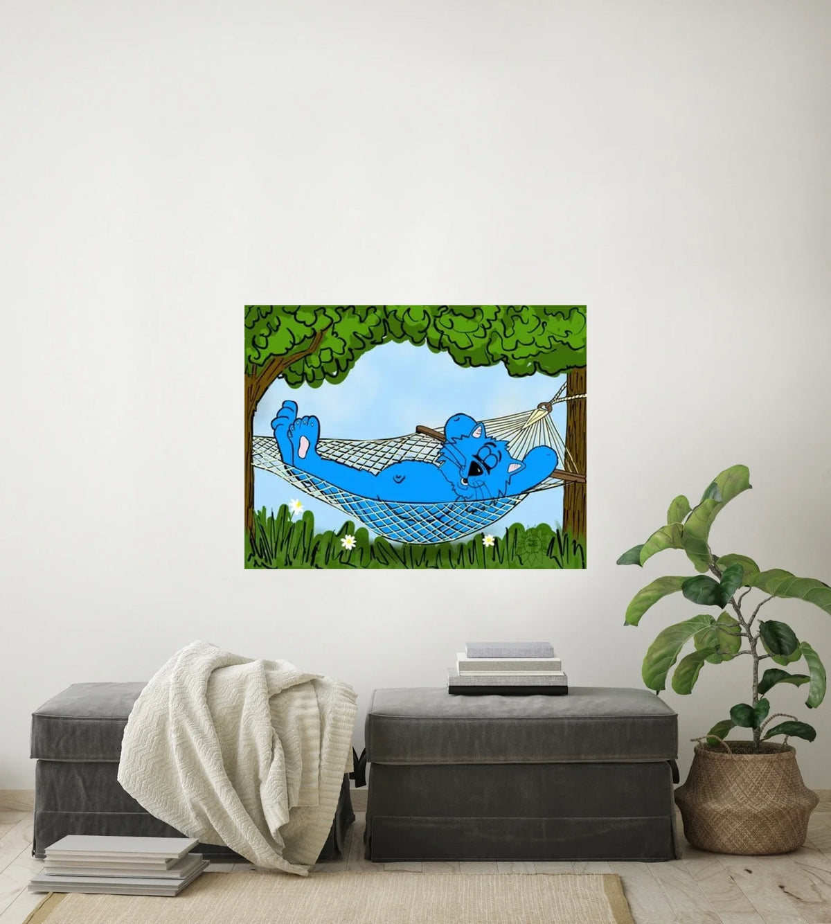 Fat Cat Hammock - large 24 x 36 unframed art print shown hanging on a wall