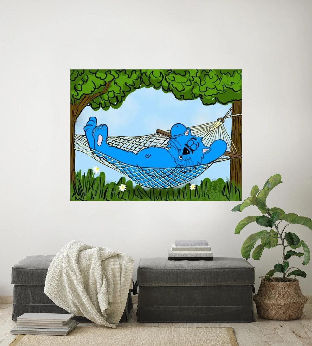 Fat Cat Hammock - extra large 36 x 48 unframed art print shown hanging on a wall