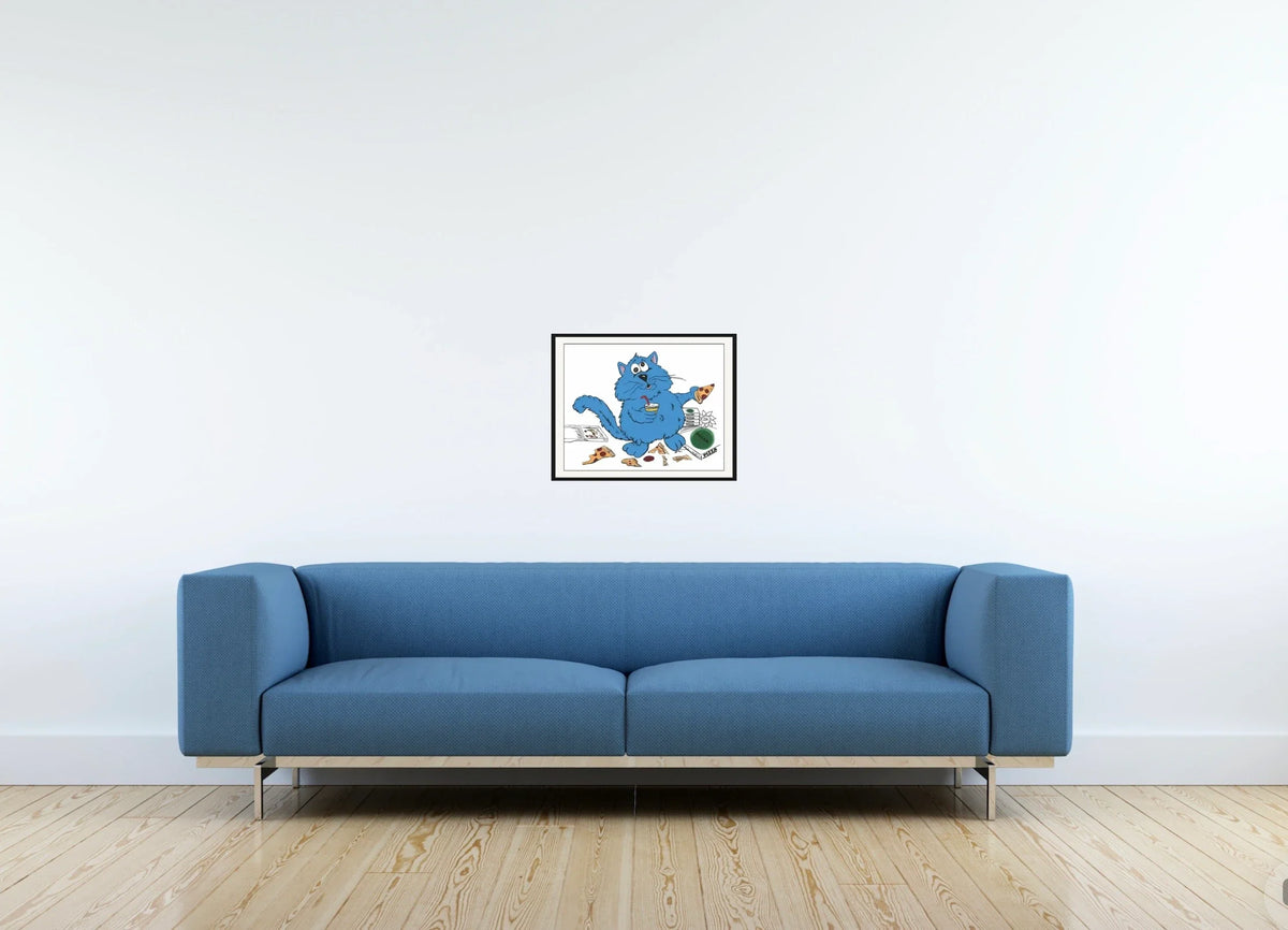 Fat Cat Hungry 2 - medium 12 x 16 matted and framed art print shown hanging on a wall