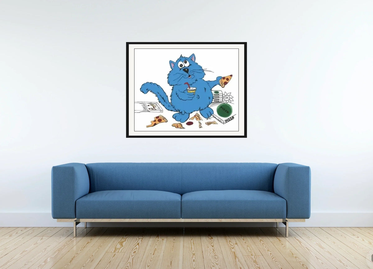 Fat Cat Hungry 2 - large 24 x 36 matted and framed art print shown hanging on a wall