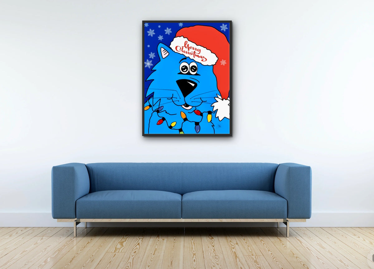 Fat Cat Merry Christmas - extra large 36 x 48 framed art print shown hanging on a wall