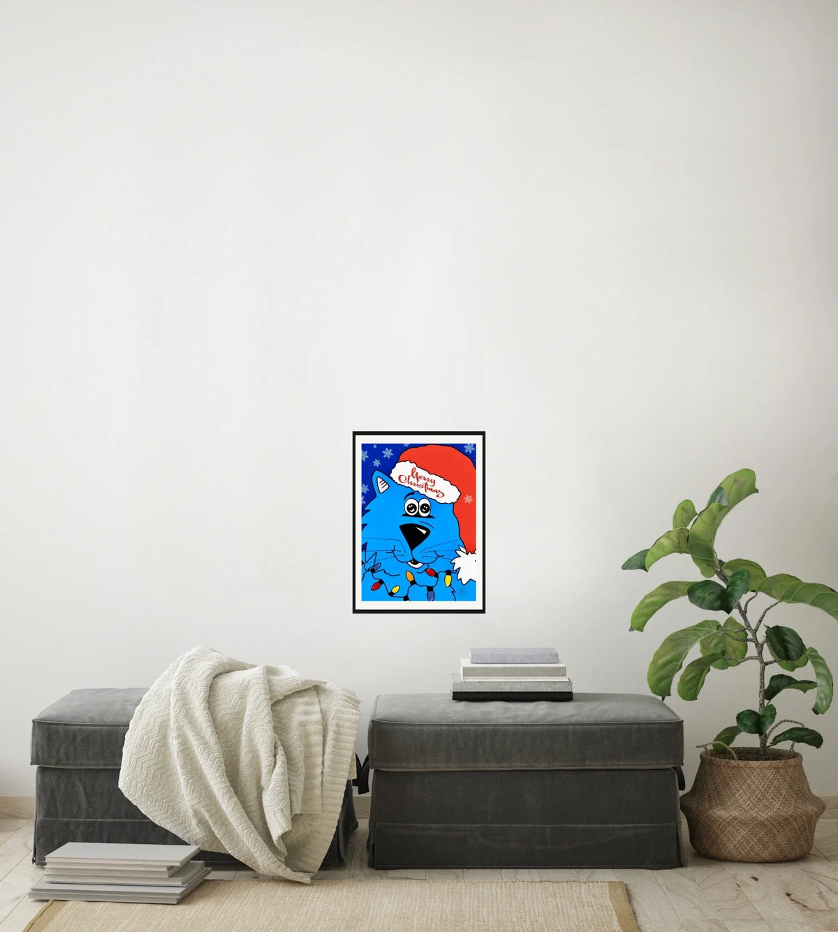 Fat Cat Merry Christmas - medium 12 x 16 matted and framed art print shown hanging on a wall