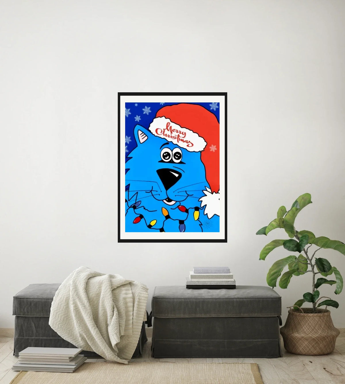 Fat Cat Merry Christmas - large 24 x 36 matted and framed art print shown hanging on a wall