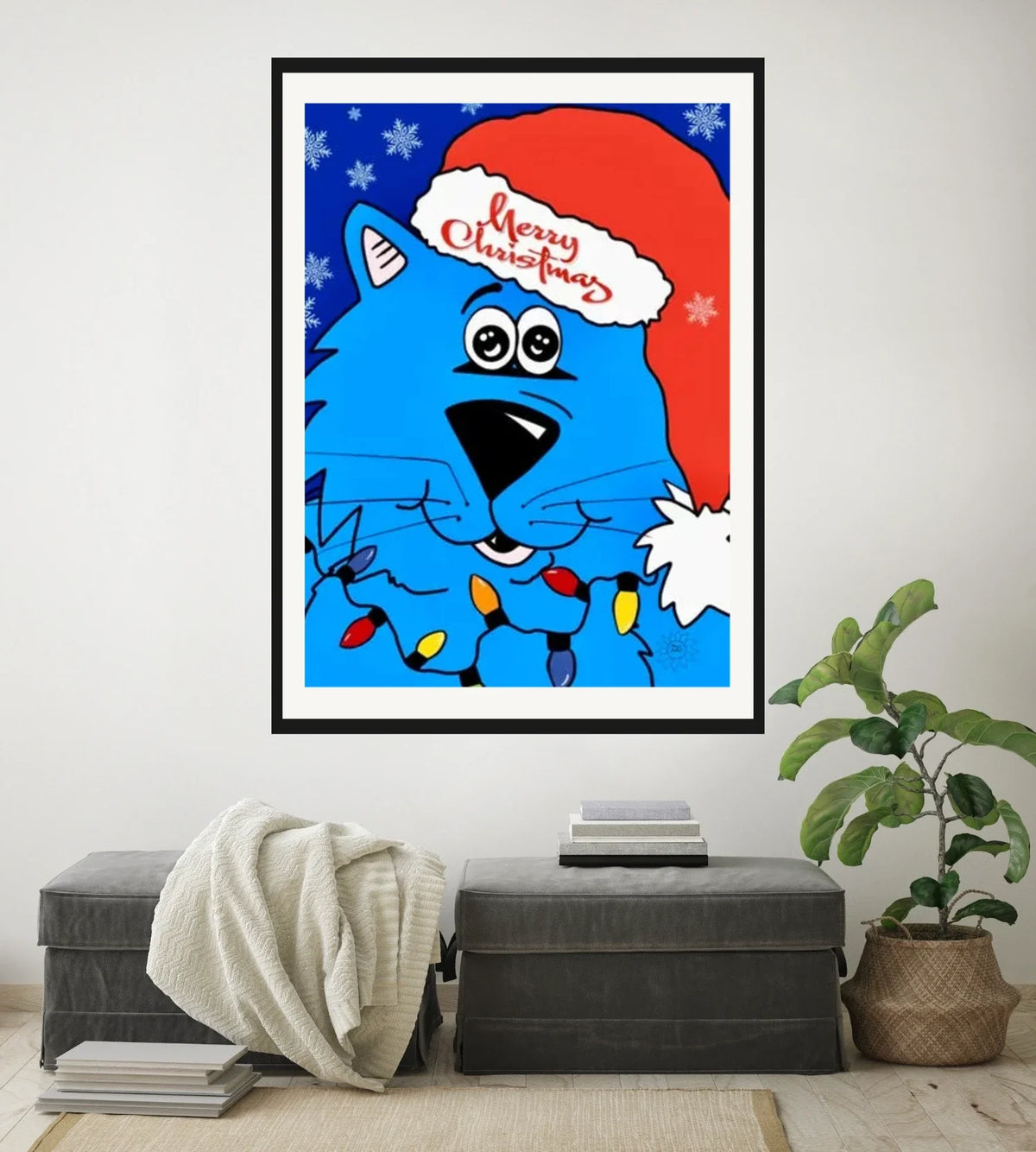 Fat Cat Merry Christmas - extra large 36 x 48 matted and framed art print shown hanging on a wall