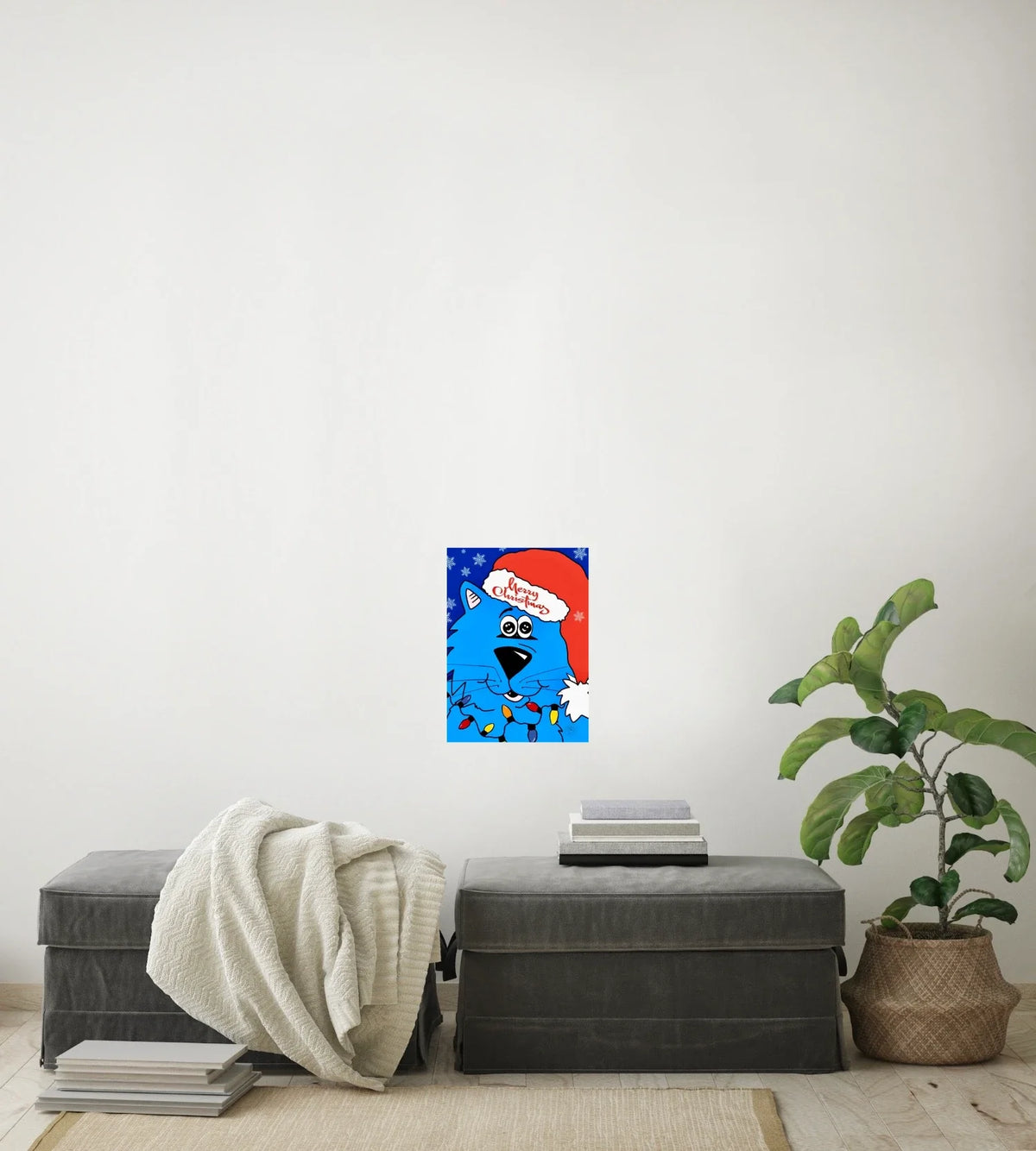 Fat Cat Merry Christmas - medium 12 x 16 unframed art print shown hanging on a wall