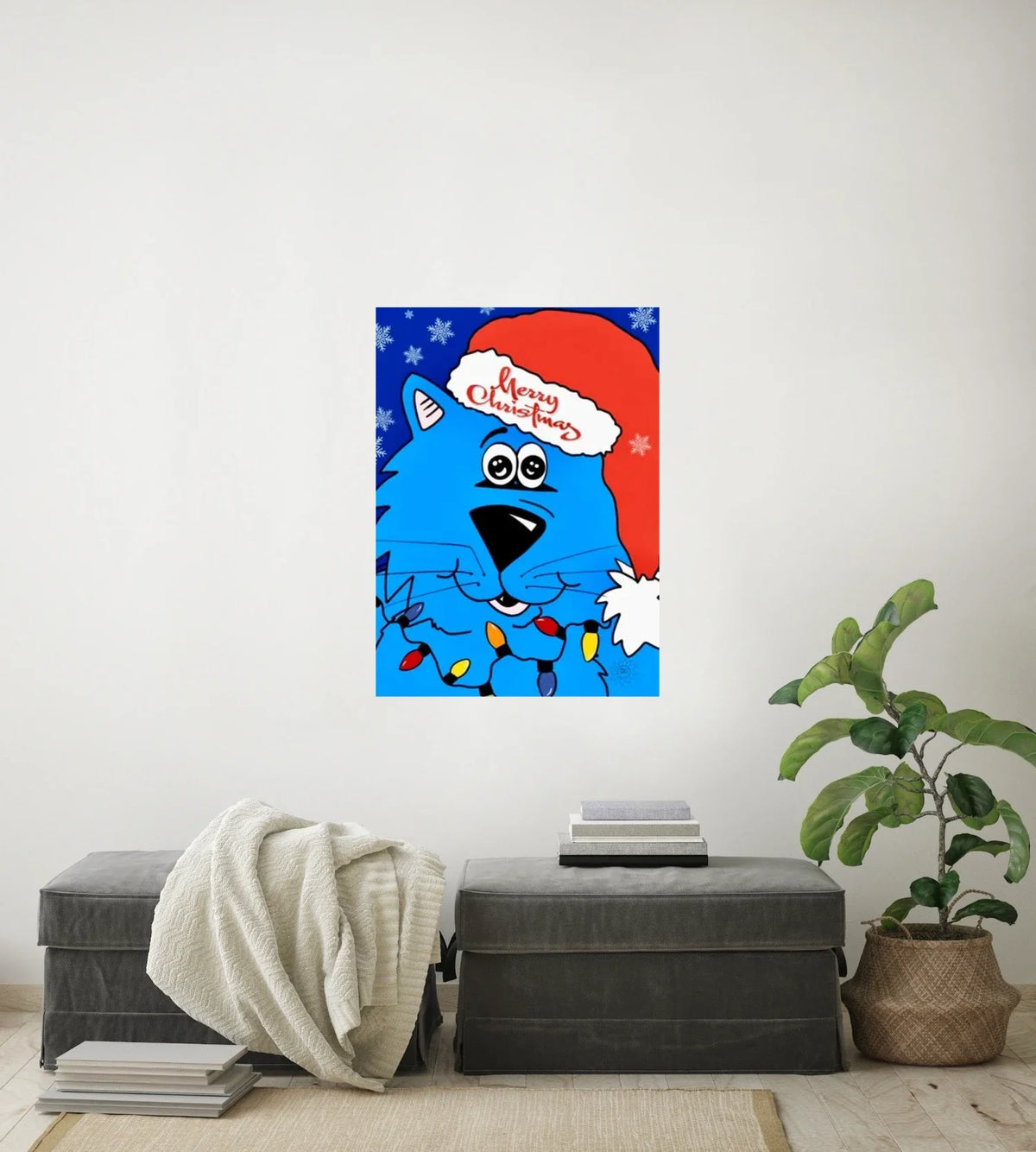 Fat Cat Merry Christmas - large 24 x 36 unframed art print shown hanging on a wall