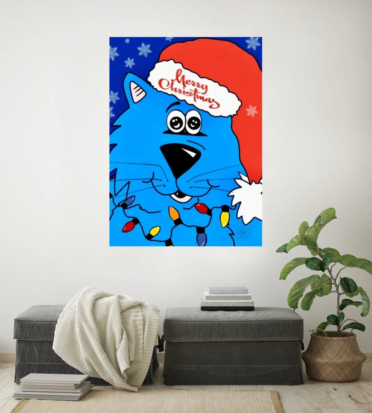 Fat Cat Merry Christmas - extra large 36 x 48 unframed art print shown hanging on a wall