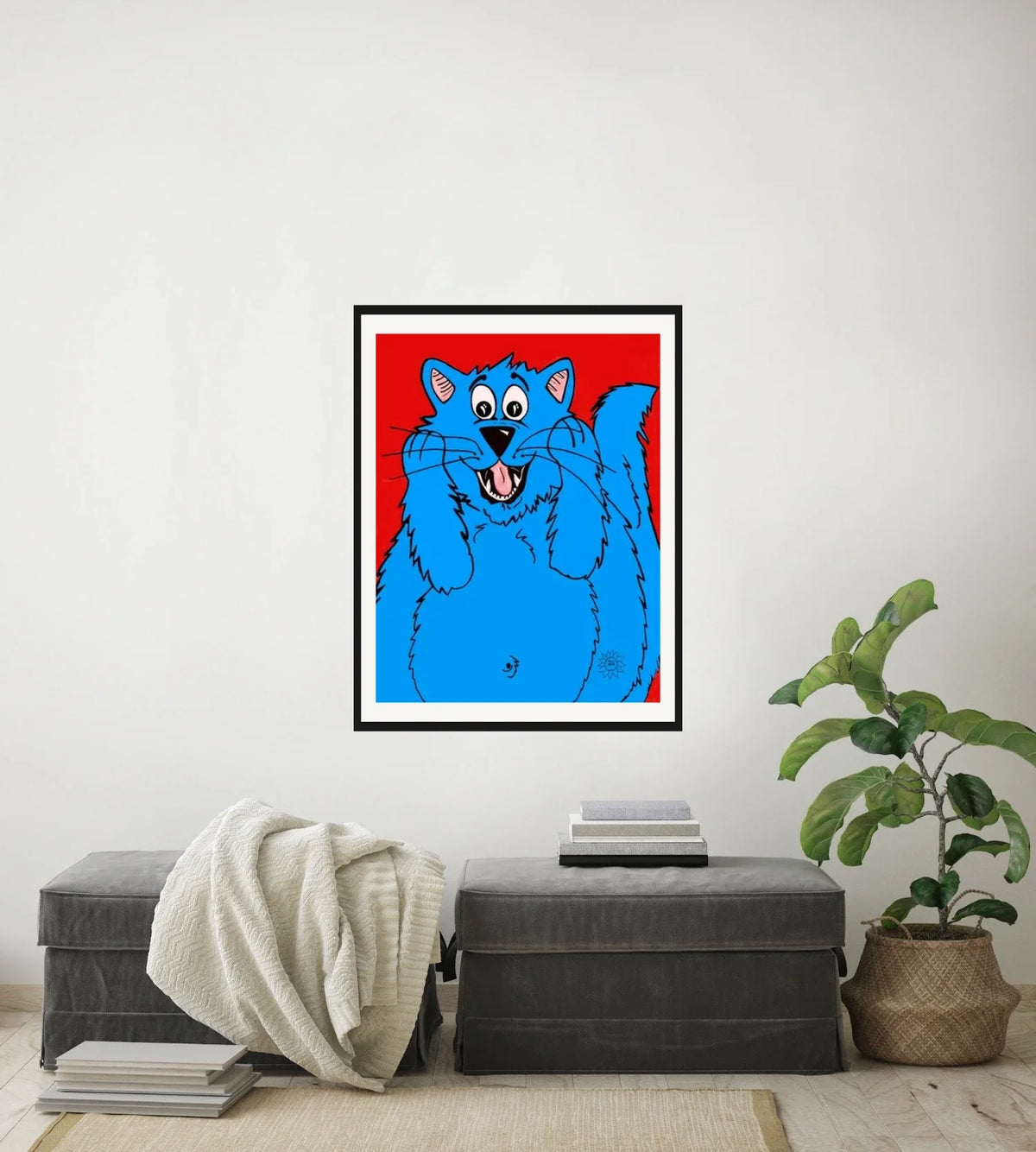 Fat Cat Scream - large 24 x 36 matted and framed art print shown hanging on a wall