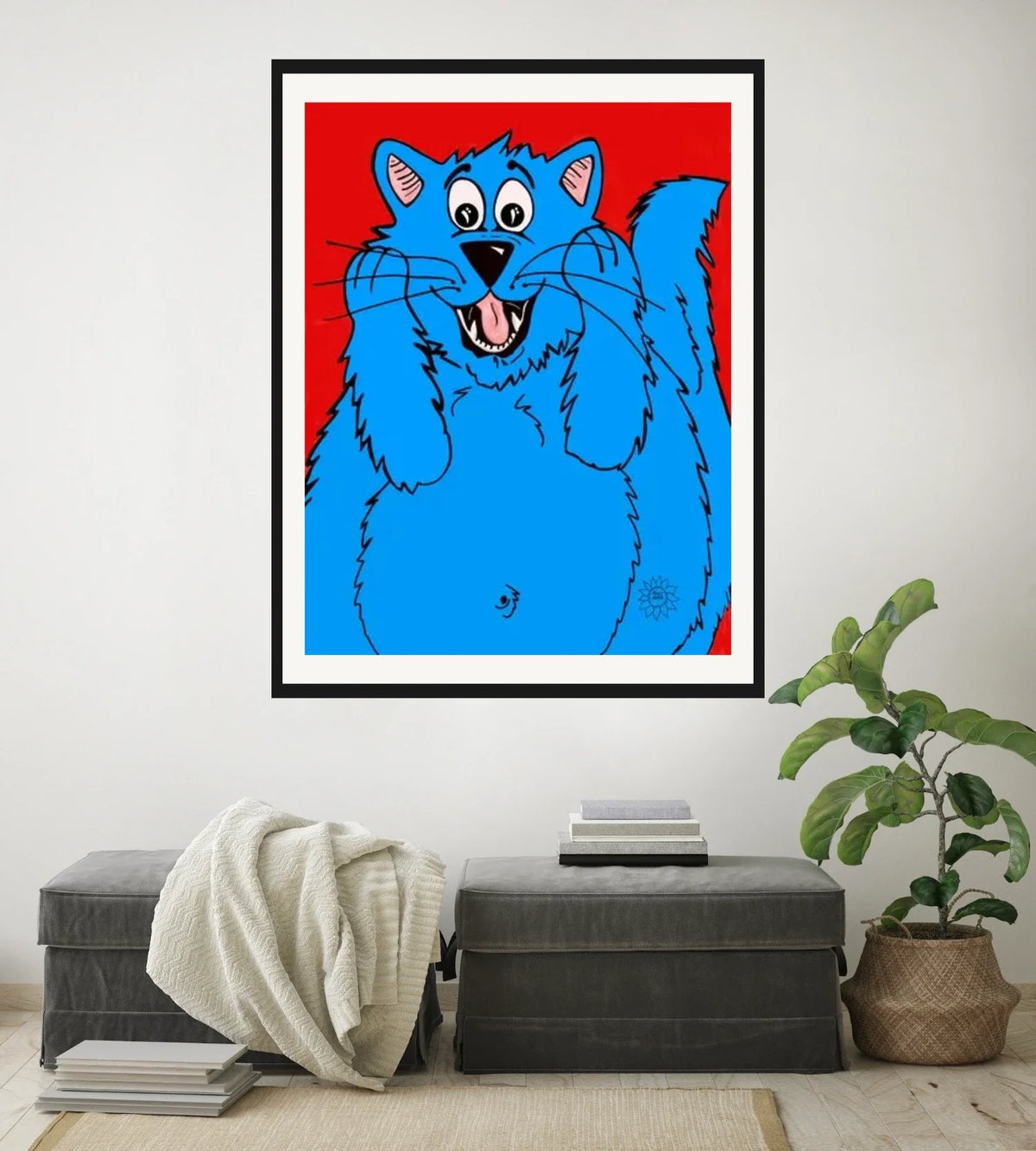 Fat Cat Scream - extra large 36 x 48 matted and framed art print shown hanging on a wall