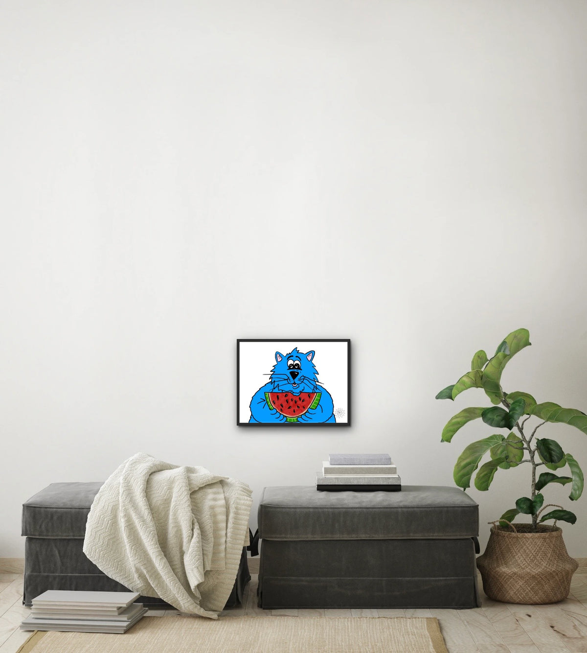 Fat Cat - Watermelon - medium 12 x 16 framed art print shown hanging on a wall