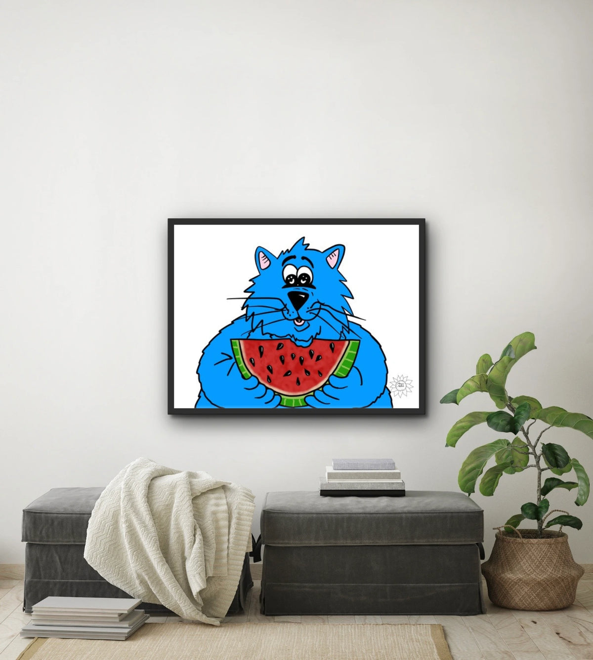 Fat Cat - Watermelon - large 24 x 36 framed art print shown hanging on a wall