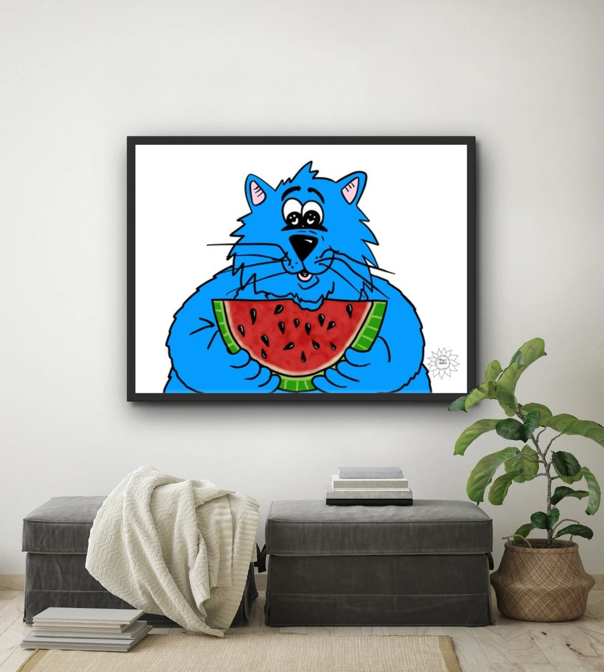 Fat Cat - Watermelon - extra large 36 x 48 framed art print shown hanging on a wall