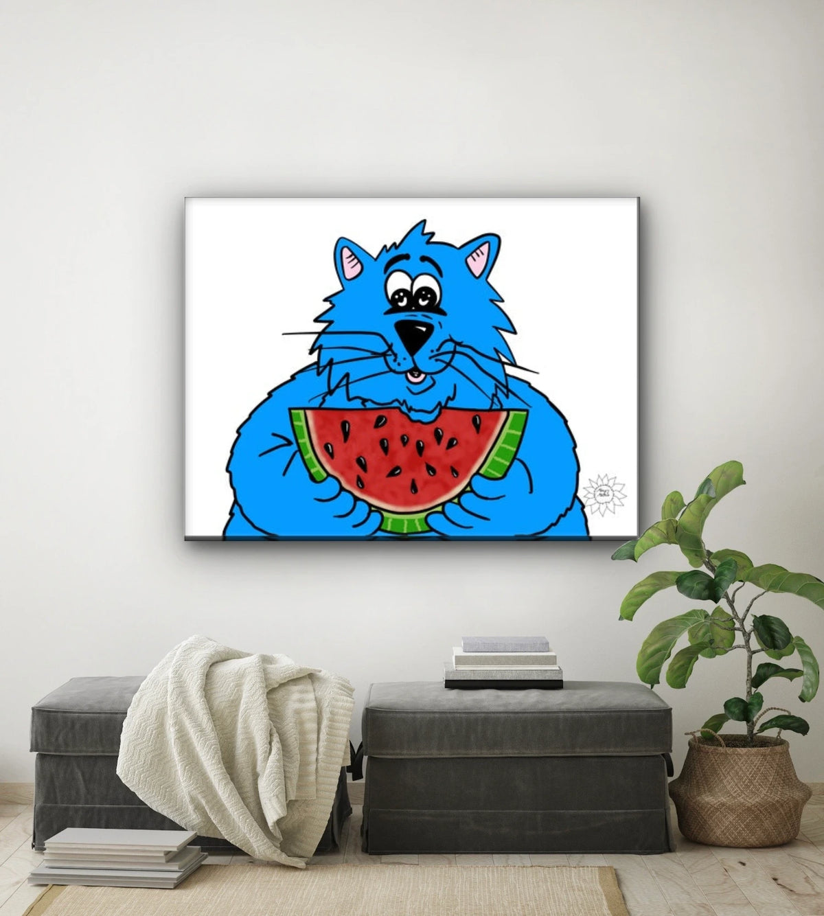 Fat Cat - Watermelon - extra large 36 x 48 unframed art print shown hanging on a wall