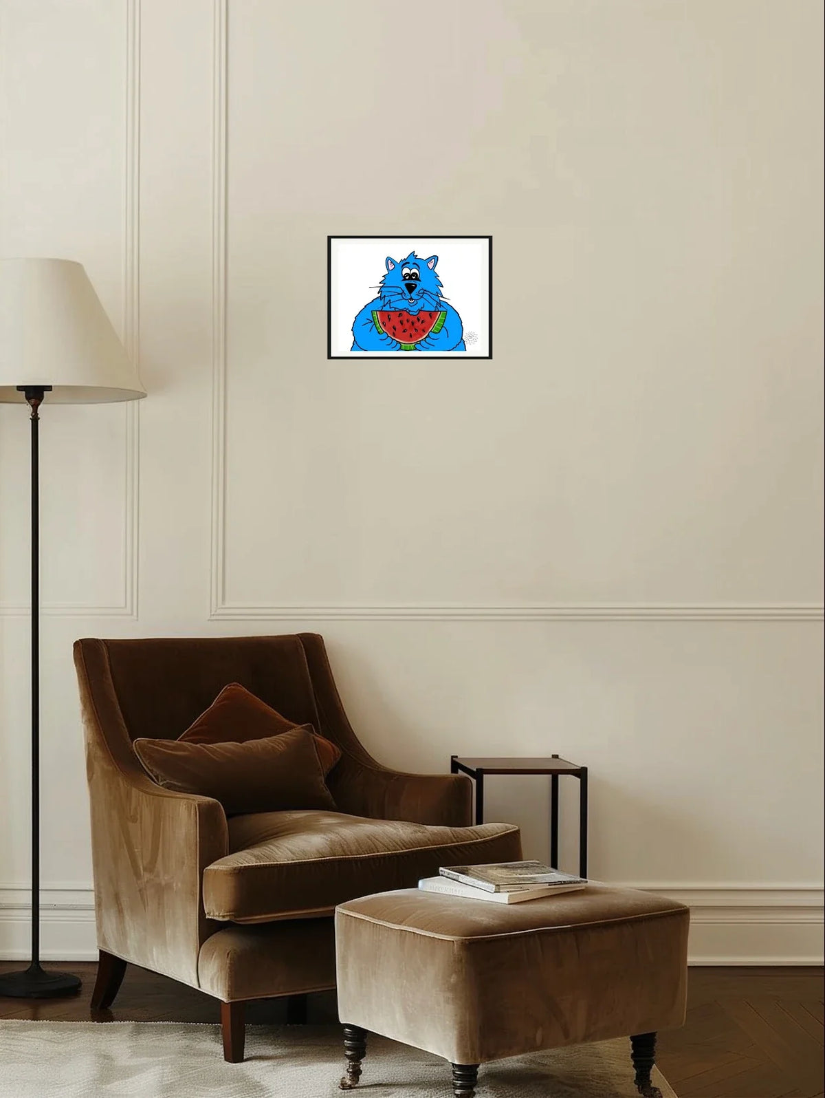 Fat Cat Watermelon - medium 12 x 16 matted and framed art print shown hanging on a wall