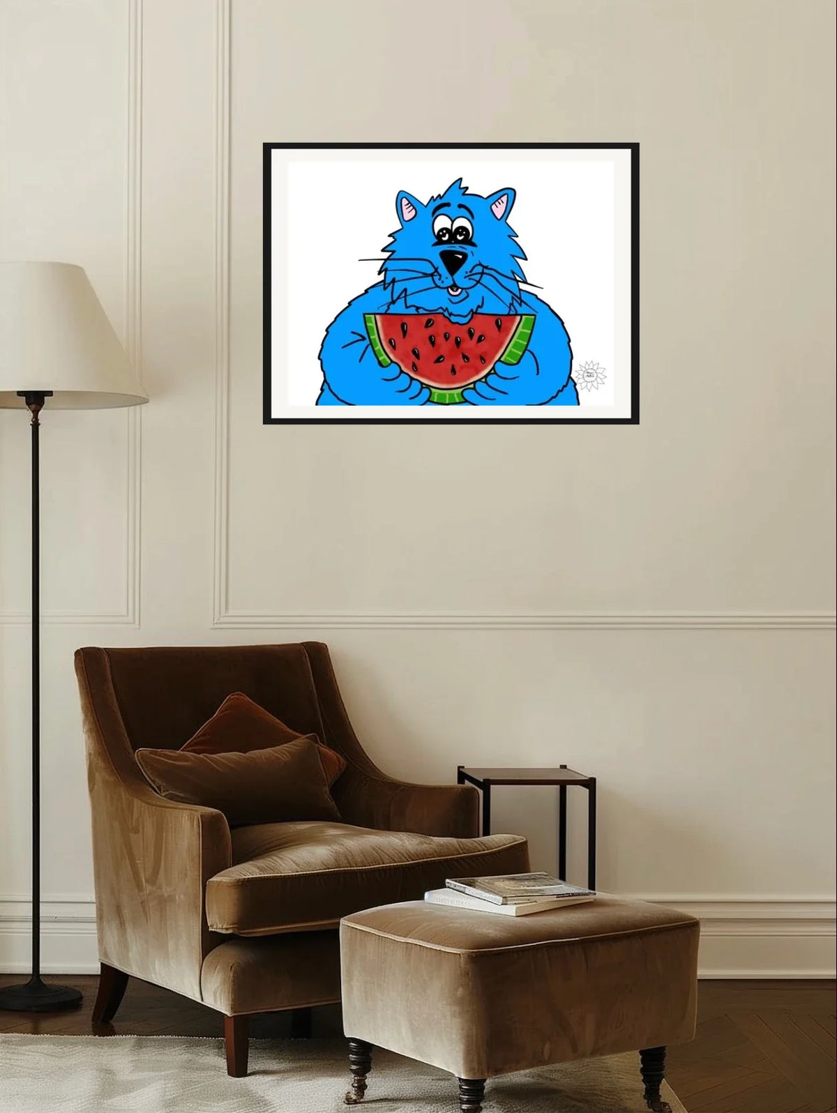 Fat Cat Watermelon - large 24 x 36 matted and framed art print shown hanging on a wall