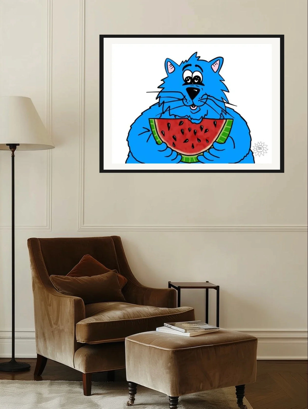 Fat Cat Watermelon - extra large 36 x 48 matted and framed art print shown hanging on a wall
