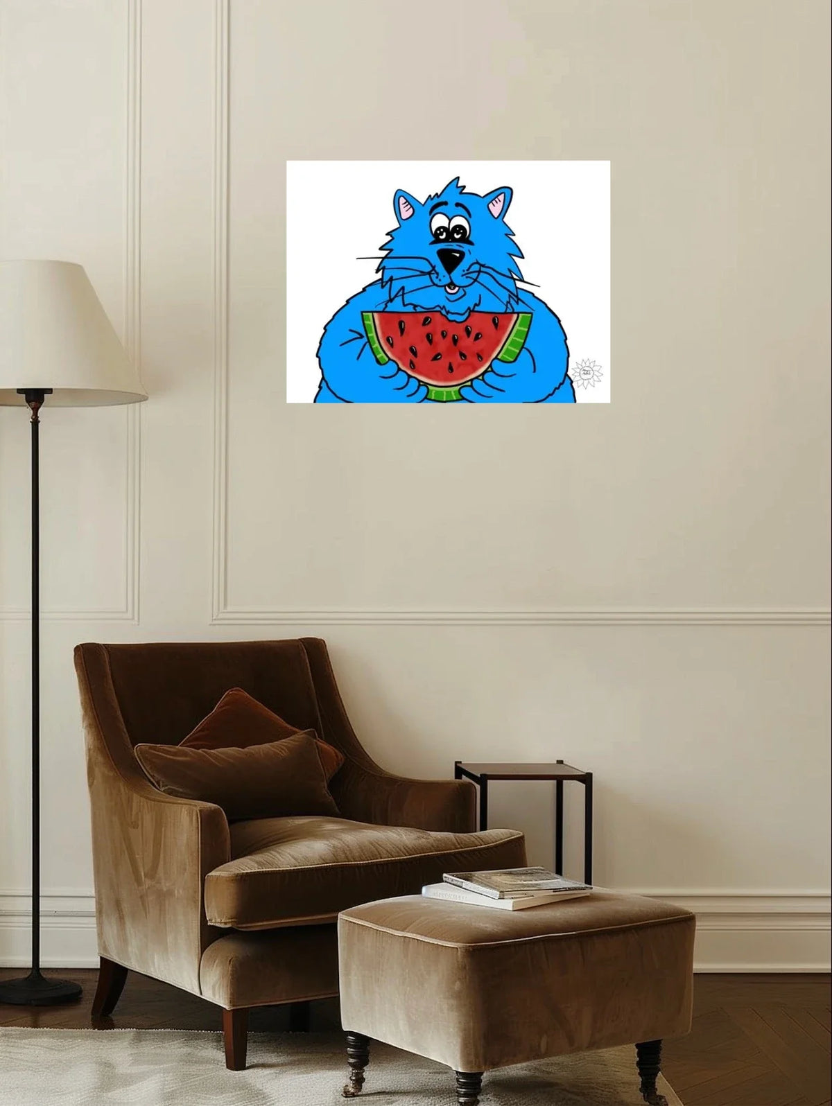 Fat Cat Watermelon - large 24 x 36 unframed art print shown hanging on a wall