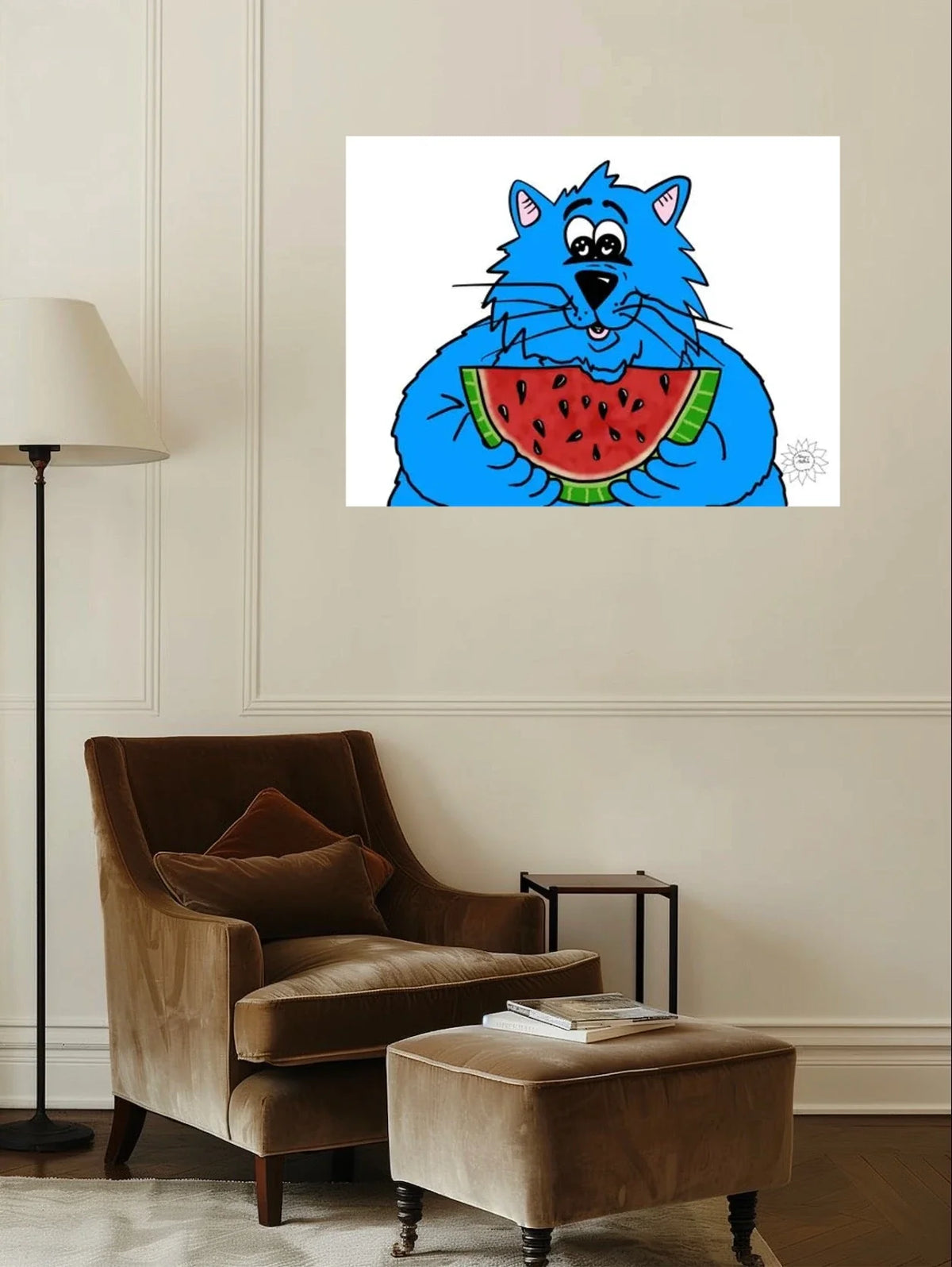 Fat Cat Watermelon - extra large 36 x 48 unframed art print shown hanging on a wall