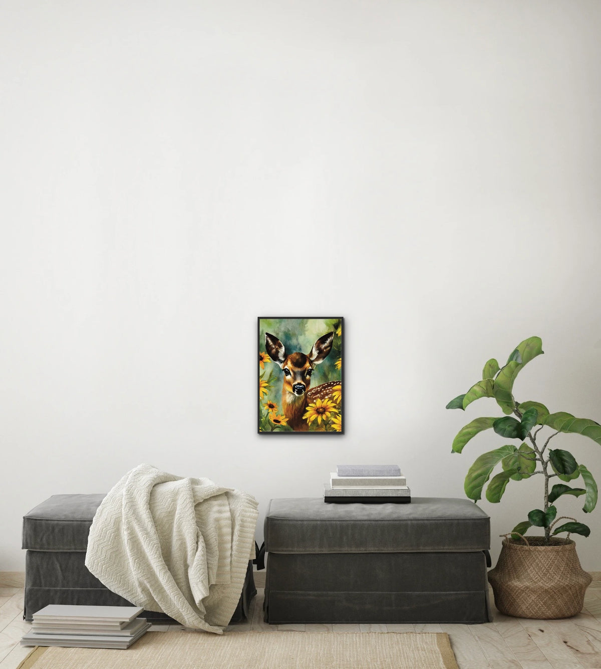 Fawn in Bloom - medium 12 x 16 framed art print shown hanging on a wall