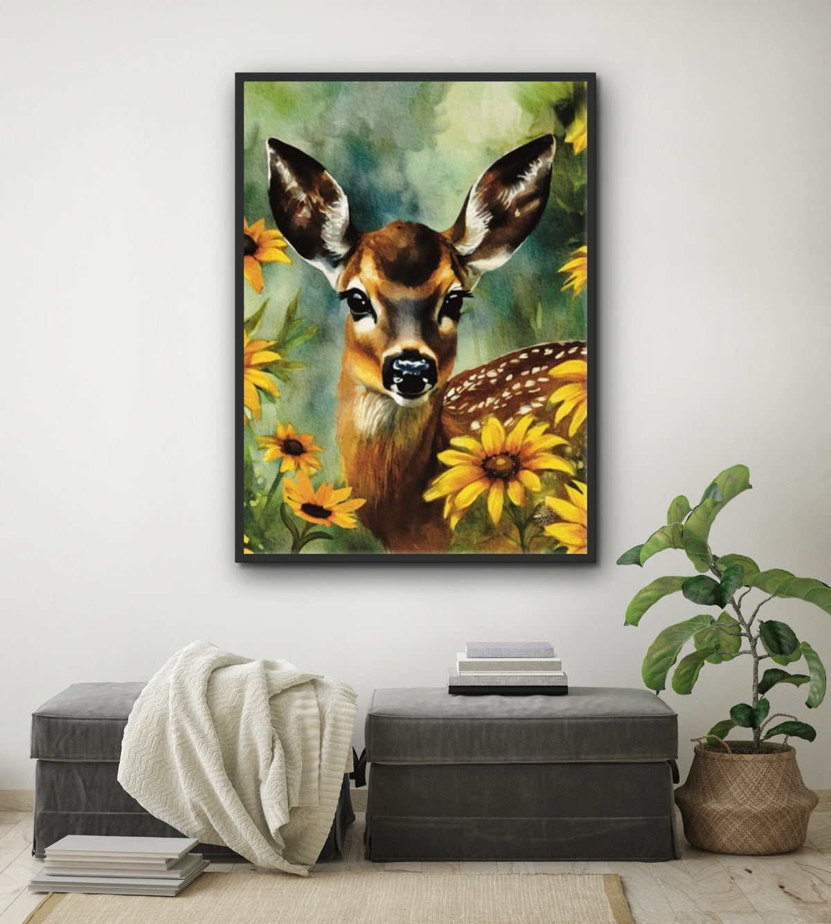 Fawn in Bloom - extra large 36 x 48 framed art print shown hanging on a wall