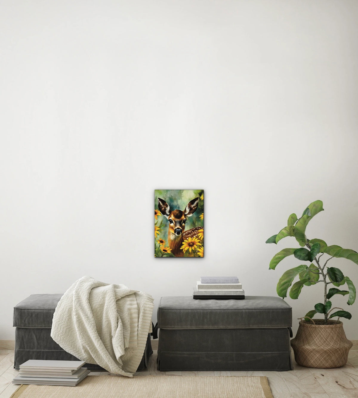 Fawn in Bloom - medium 12 x 16 unframed art print shown hanging on a wall