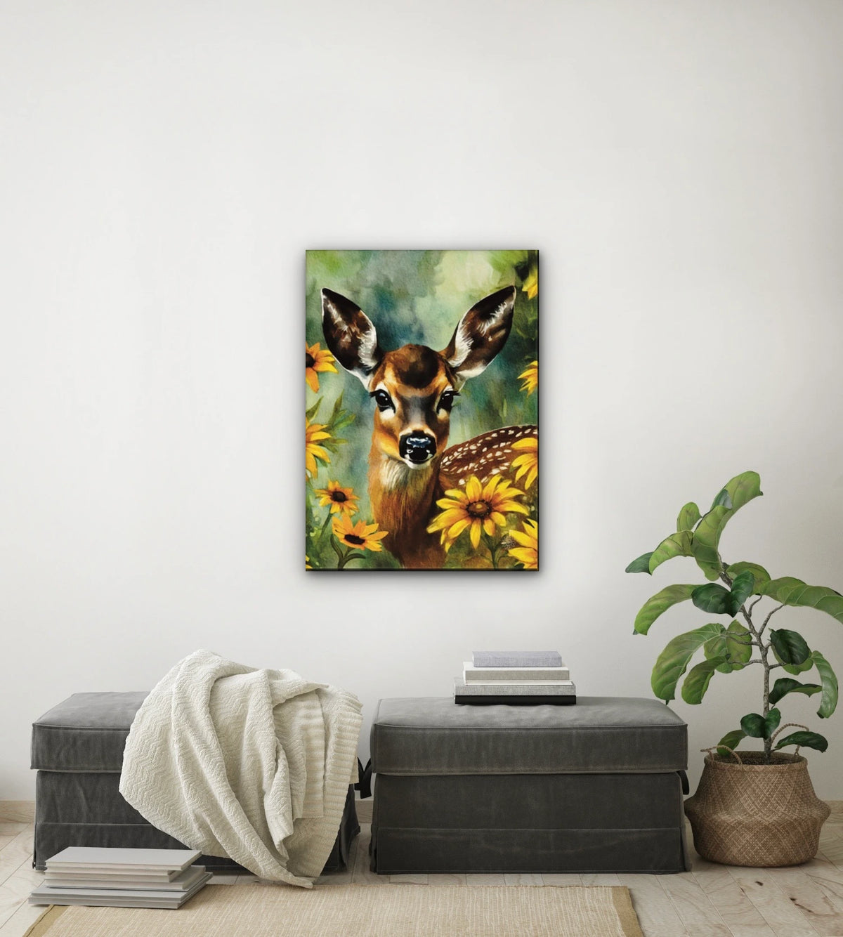 Fawn in Bloom - large 24 x 36 unframed art print shown hanging on a wall