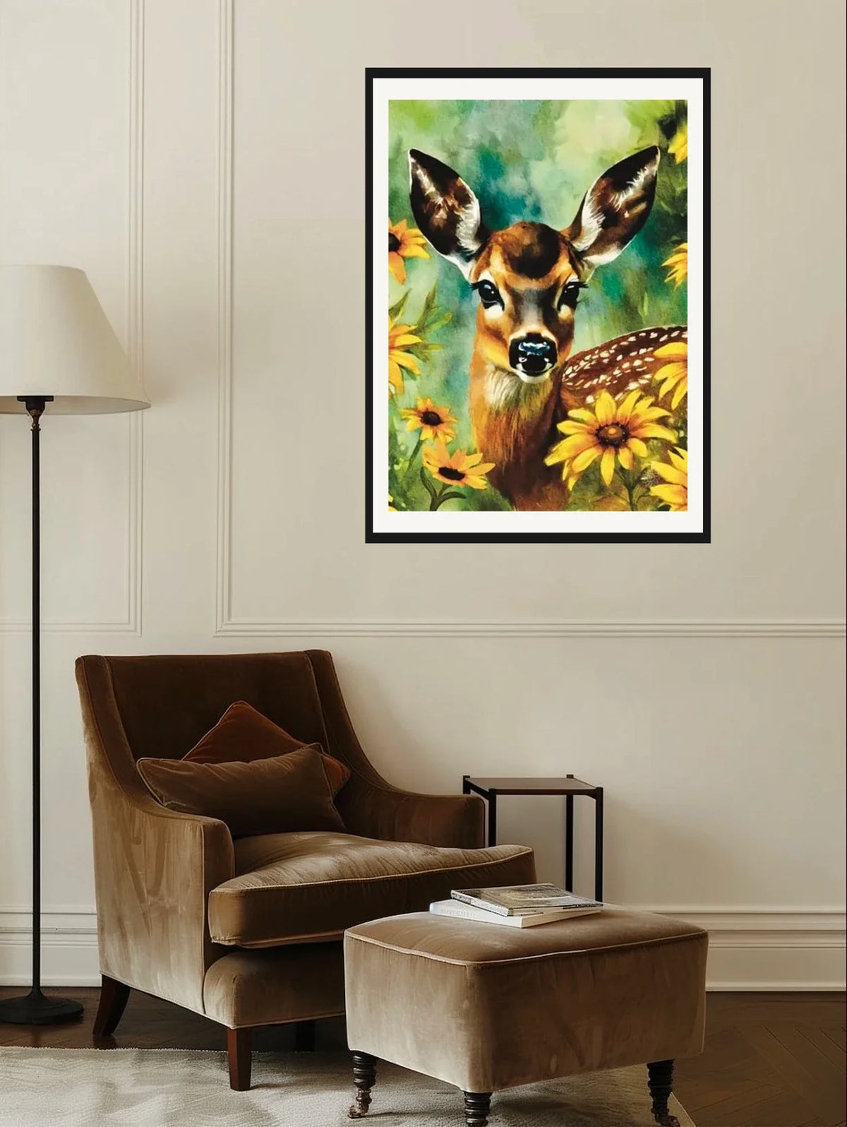 Fawn in Bloom - extra large 36 x 48 matted and framed art print shown hanging on a wall