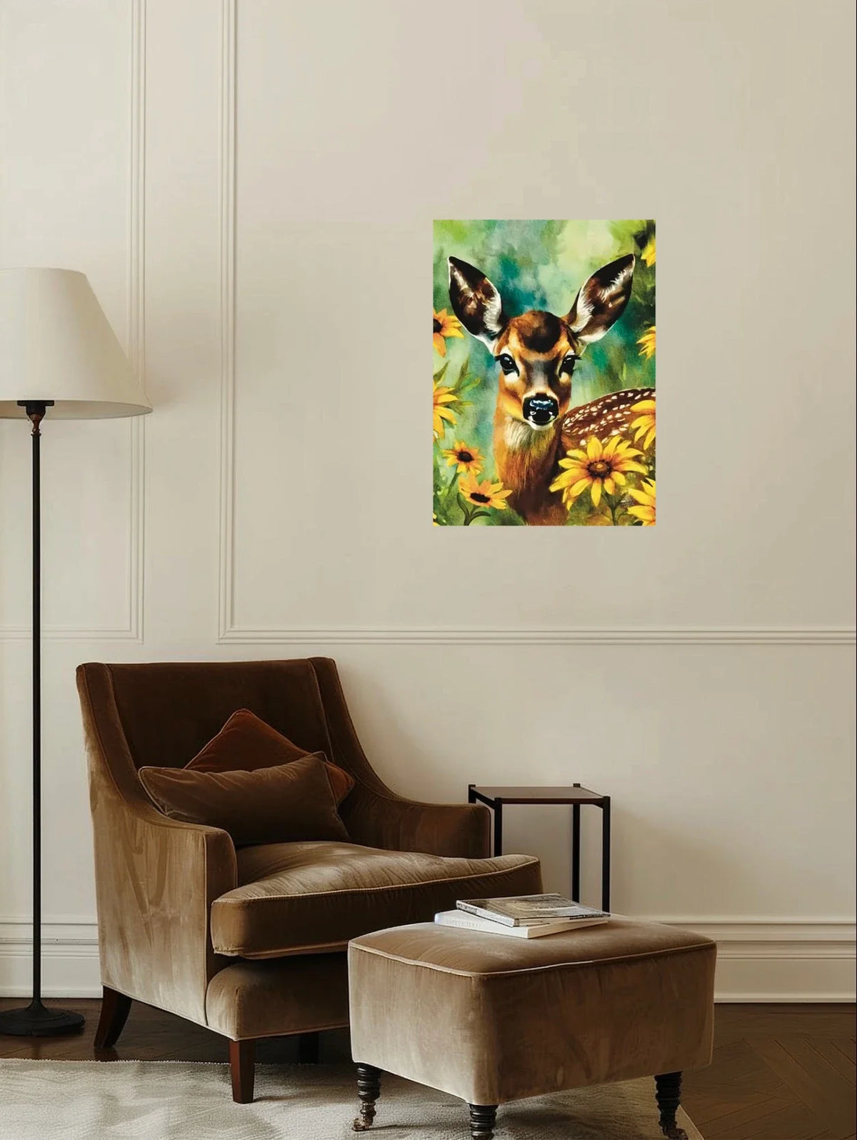 Fawn in Bloom - large 24 x 36 unframed art print shown hanging on a wall
