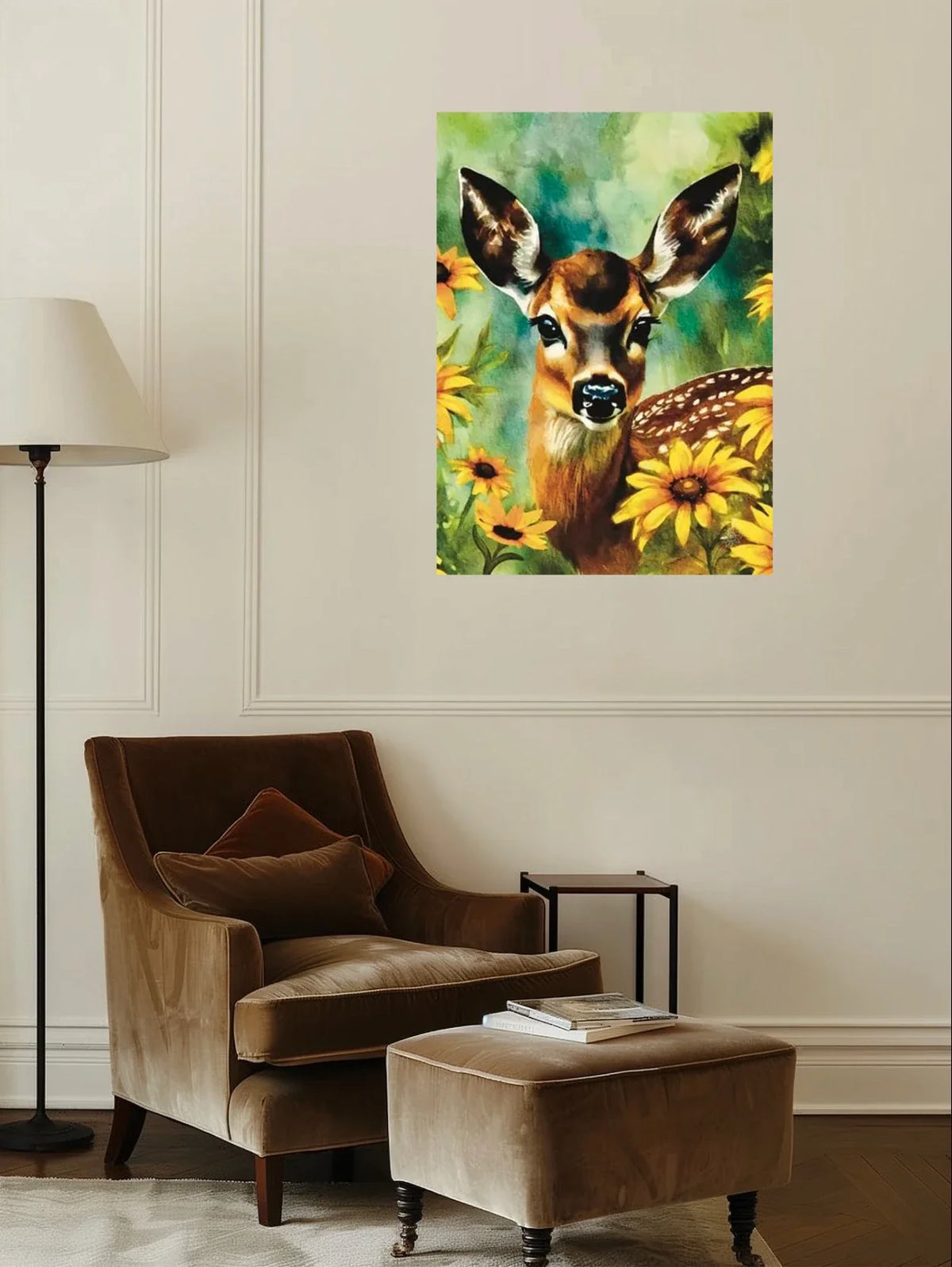 Fawn in Bloom - extra large 36 x 48 unframed art print shown hanging on a wall