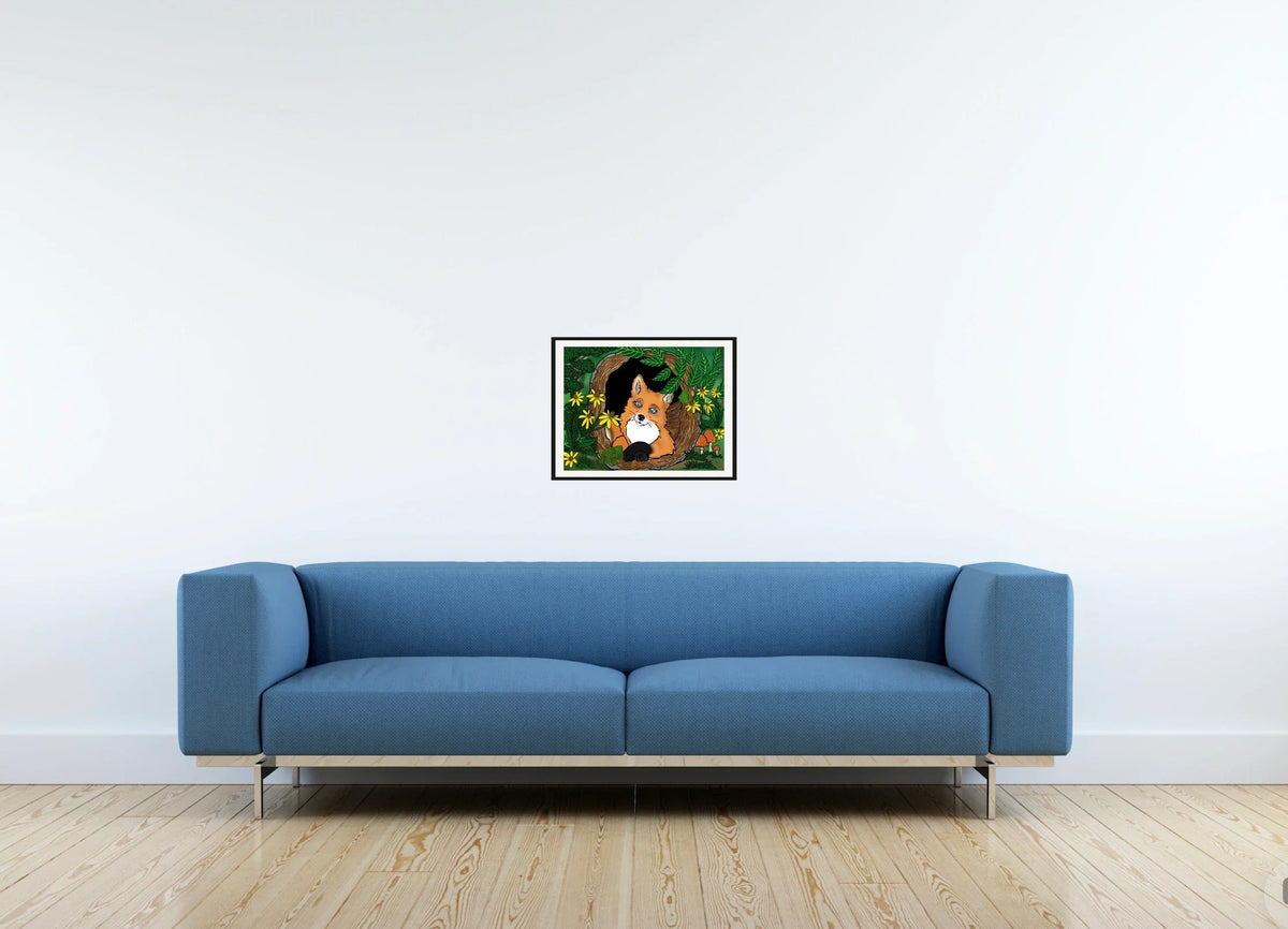 Fern the Fox - medium 12 x 16 matted and framed art print shown hanging on a wall