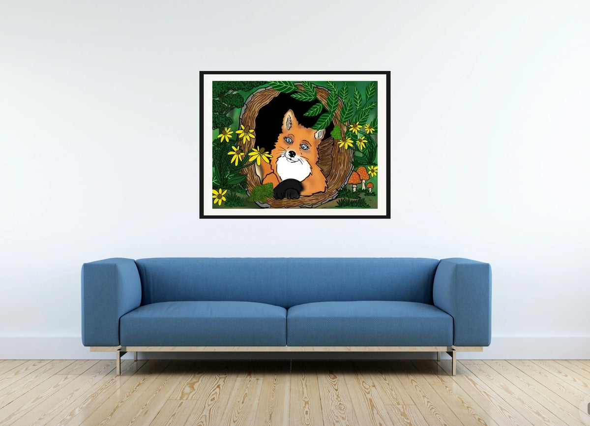 Fern the Fox - large 24 x 36 matted and framed art print shown hanging on a wall