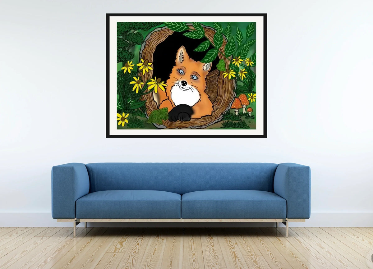 Fern the Fox - extra large 36 x 48 matted and framed art print shown hanging on a wall