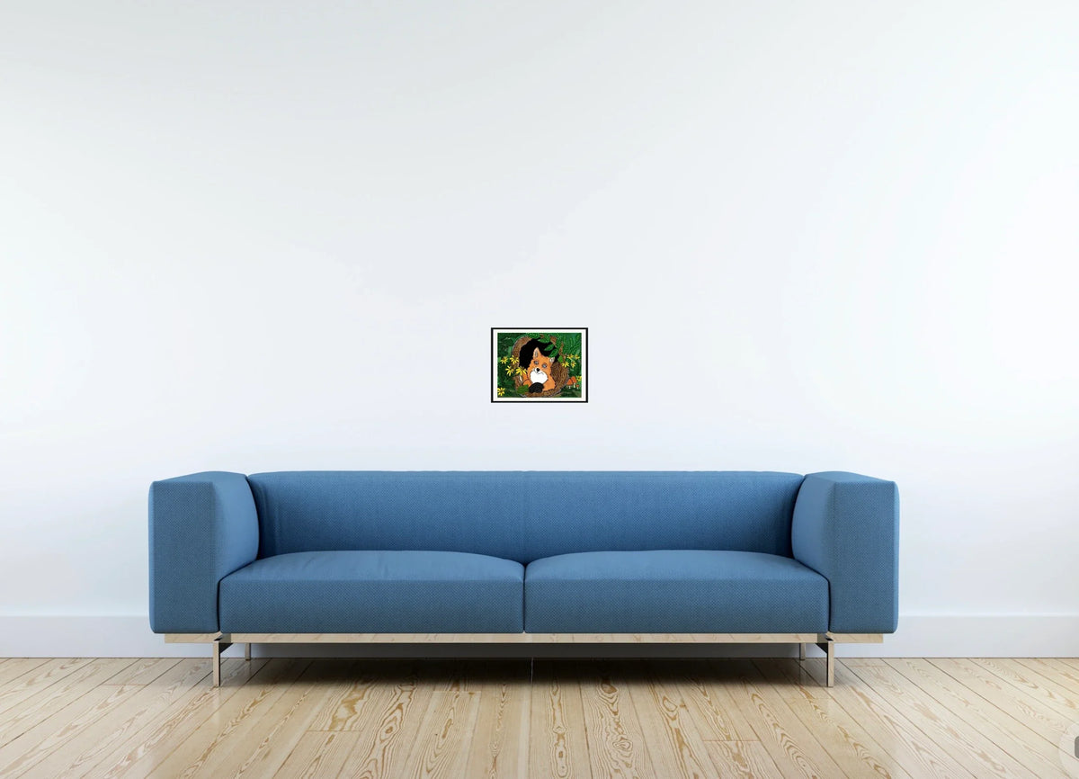 Fern the Fox - small 8 x 10 matted and framed art print shown hanging on a wall