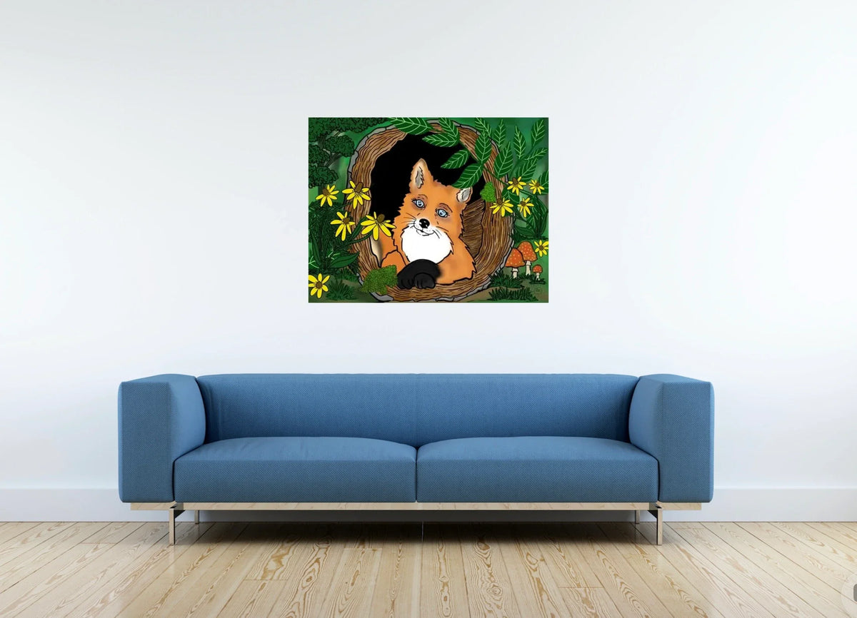 Fern the Fox - large 24 x 36 unframed art print shown hanging on a wall