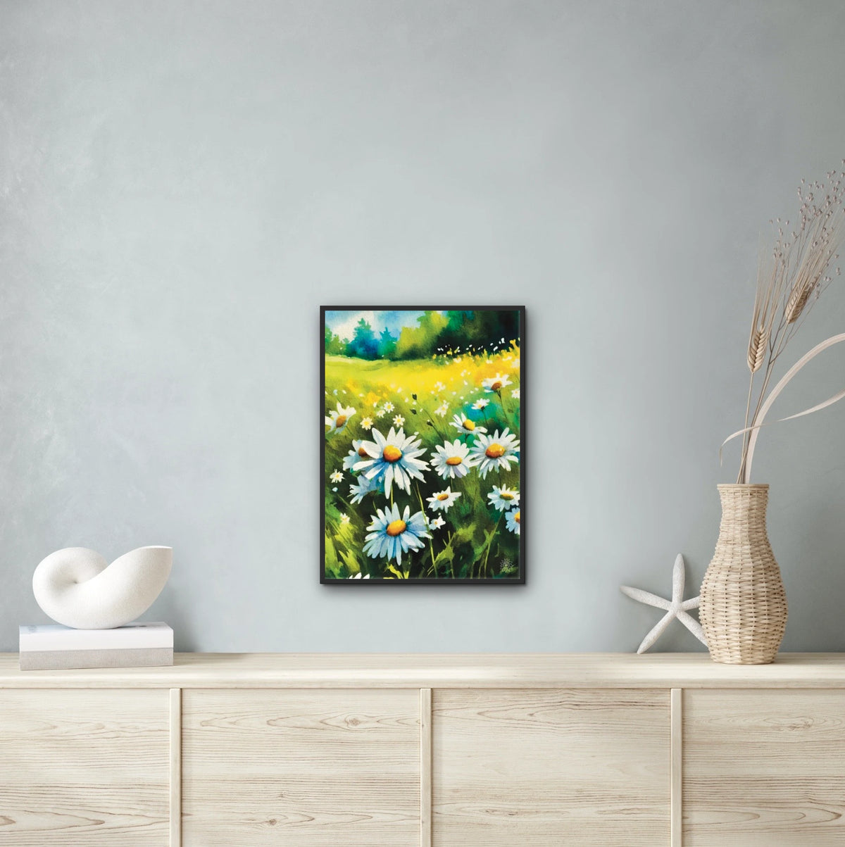 Field of Daisies - large 24 x 36 framed art print shown hanging on a wall
