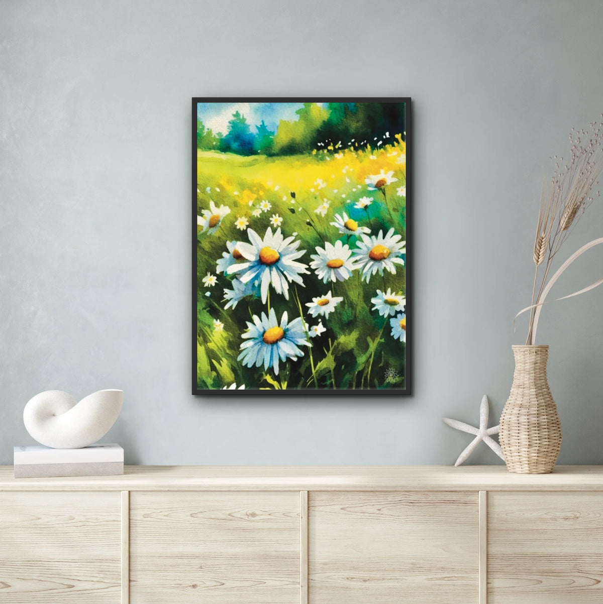 Field of Daisies - extra large 36 x 48 framed art print shown hanging on a wall