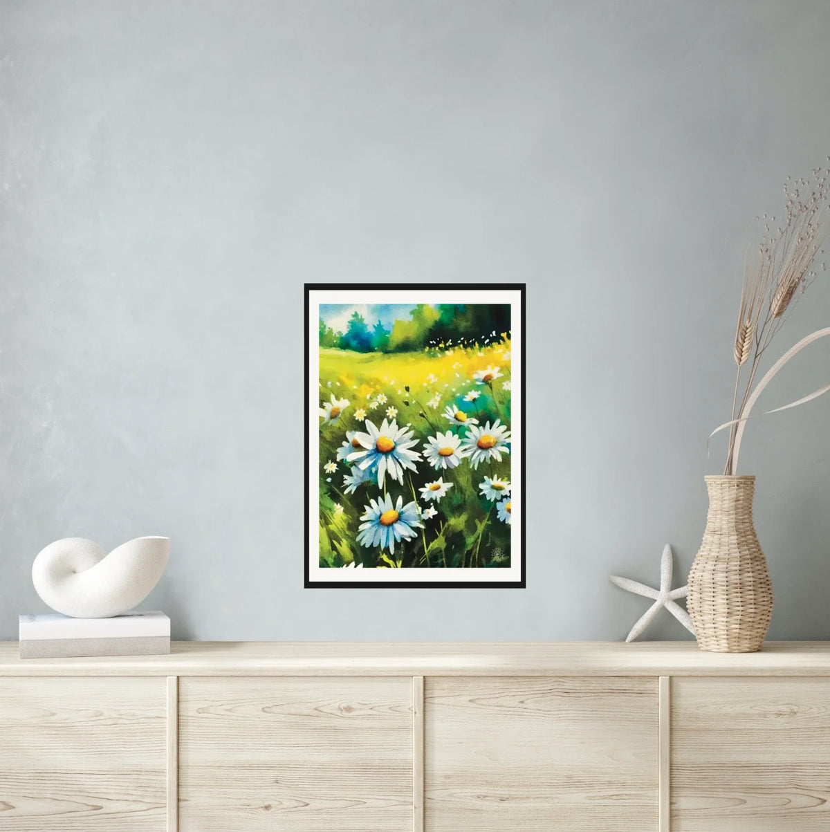 Field of Daisies - large 24 x 36 matted and framed art print shown hanging on a wall