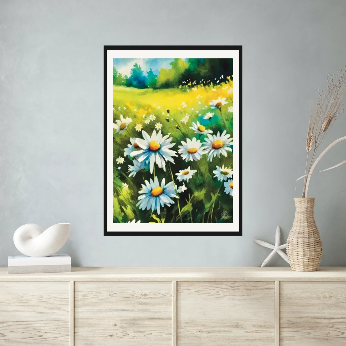 Field of Daisies - extra large 36 x 48 matted and framed art print shown hanging on a wall