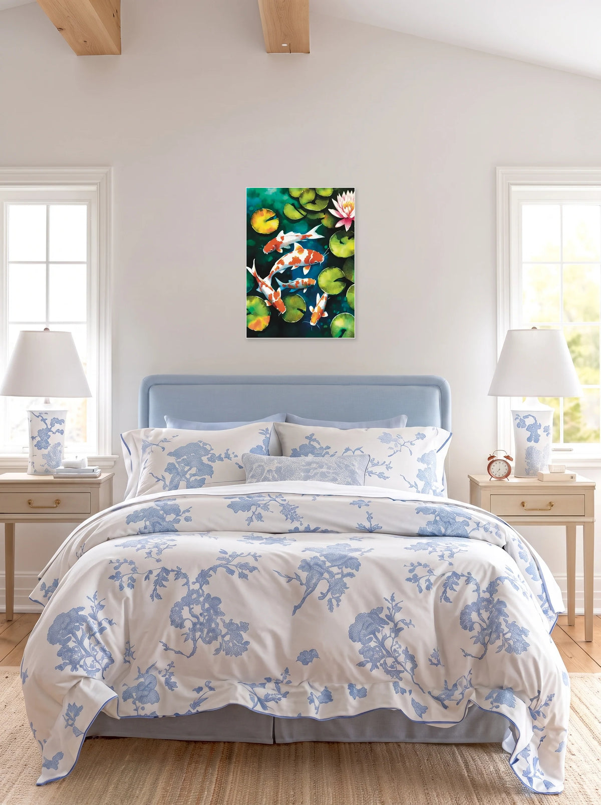 This is a large 24 x 36 unframed watercolor art print of five koi swimming among lily pads and a water lily. Created by professional artists, this high-quality watercolor print on textured matte paper adds a touch of character to any home or office decor.
