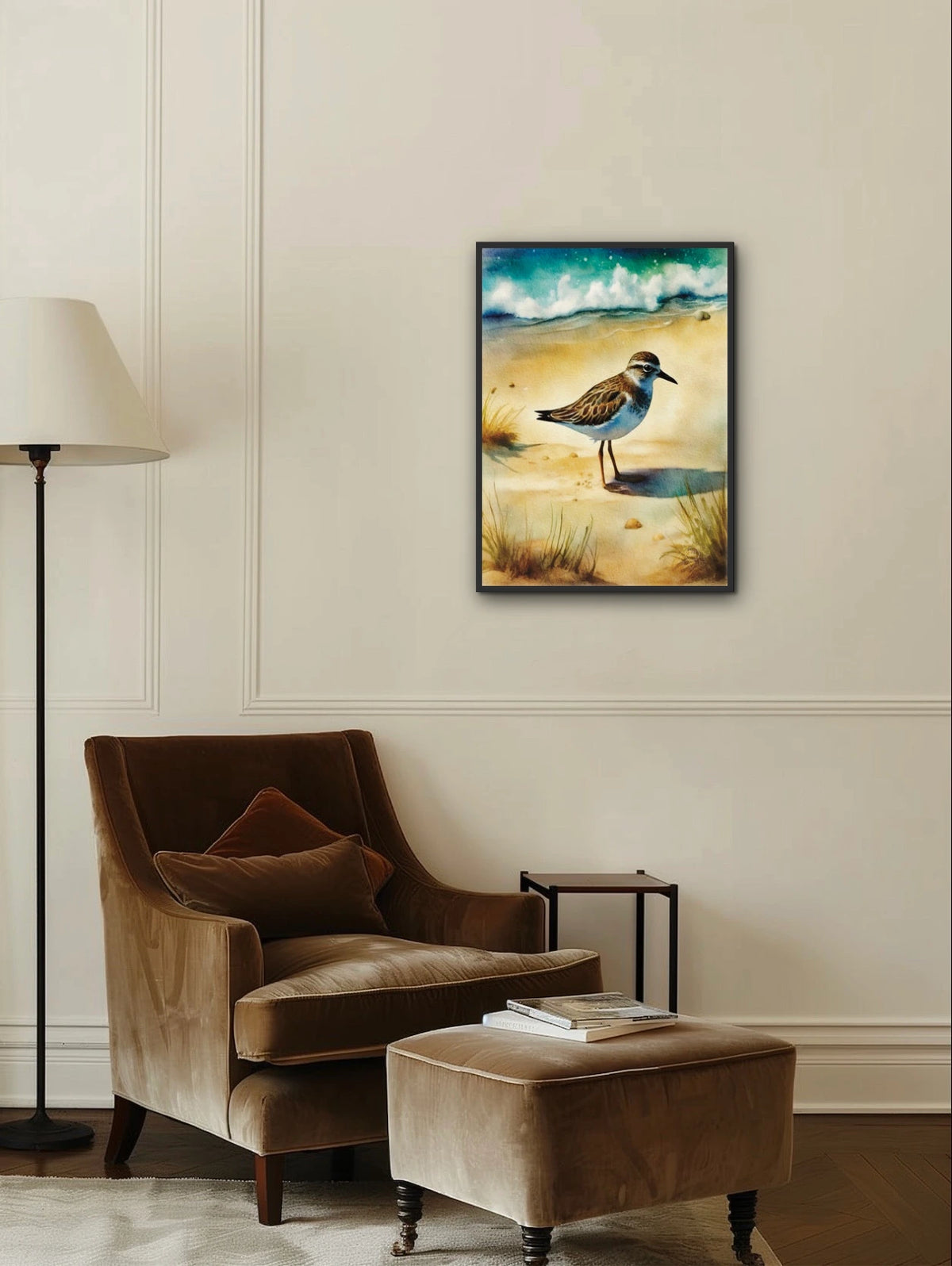 Flight of Whimsy Wilson Plover Bird - large 24 x 36 framed art print shown hanging on a wall