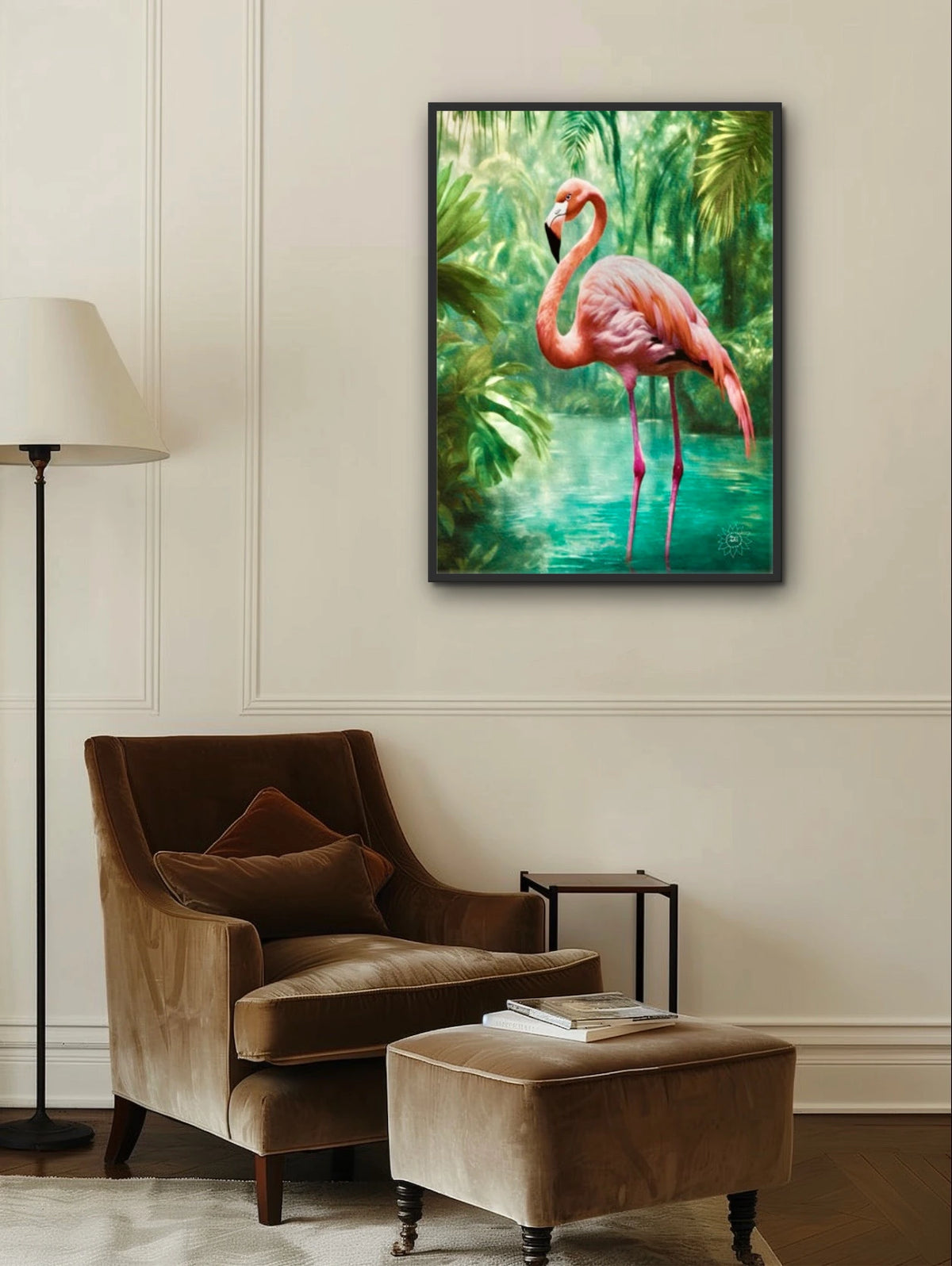 Flora the Flamingo - extra large 36 x 48 framed art print shown hanging on a wall