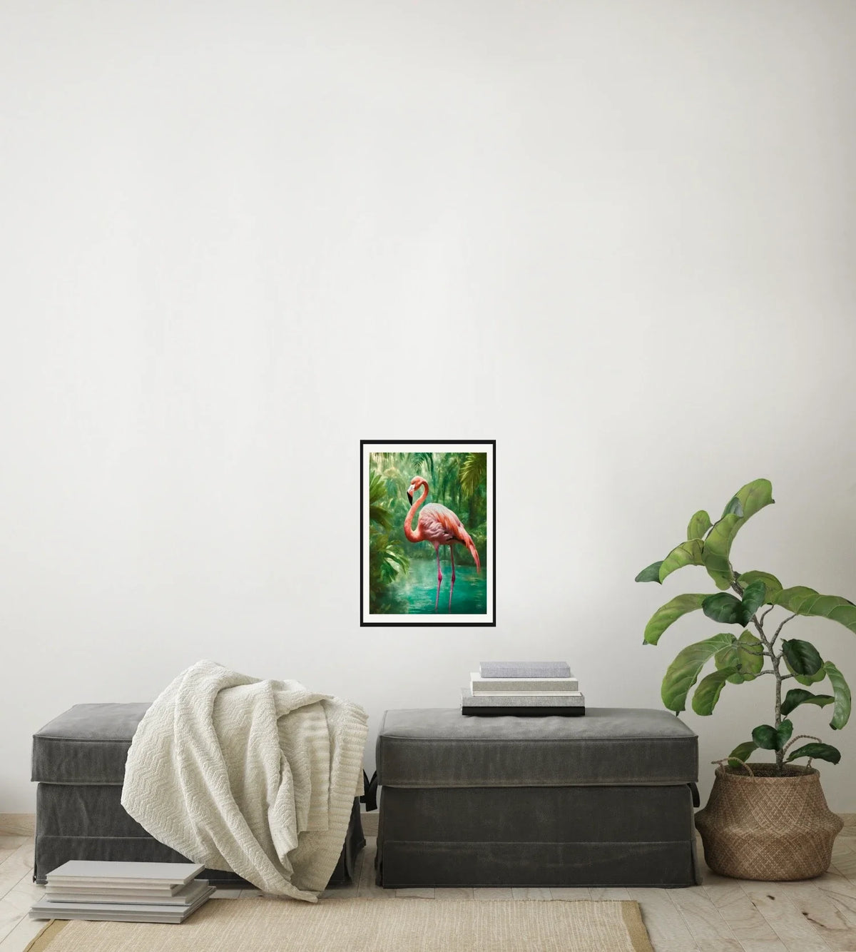 Flora the Flamingo - medium 12 x 16 matted and framed art print shown hanging on a wall