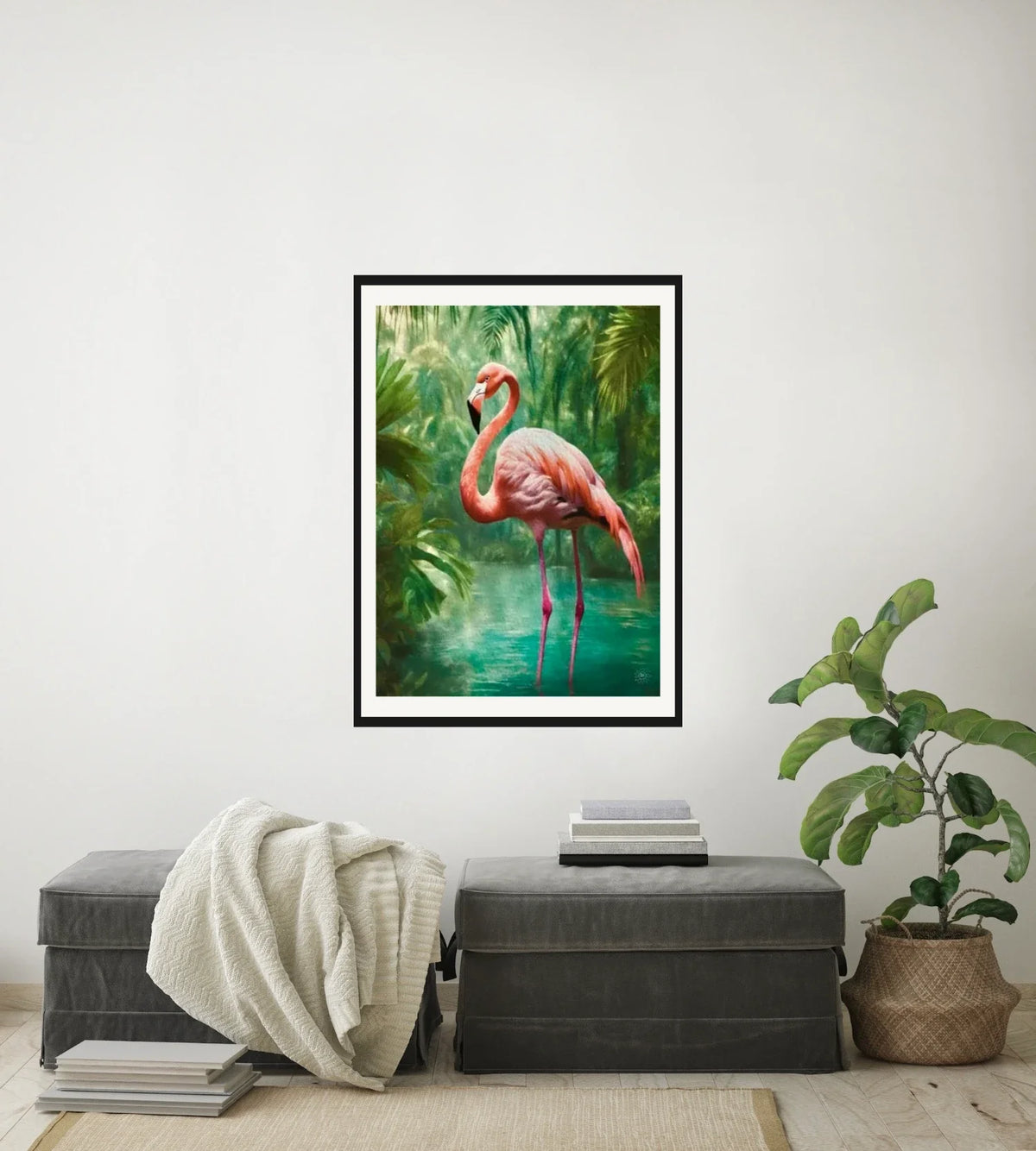 Flora the Flamingo - large 24 x 36 matted and framed art print shown hanging on a wall